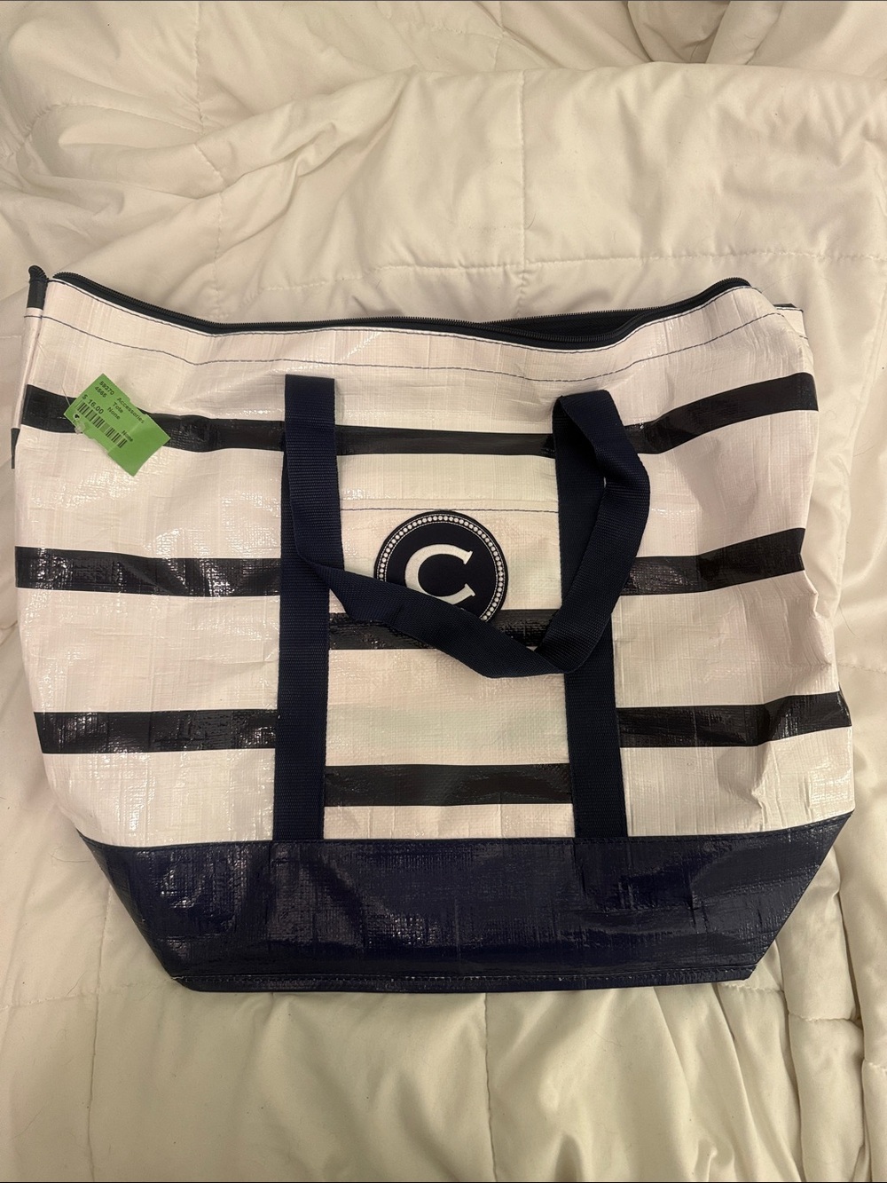 C Logo Navy and White Striped Tote